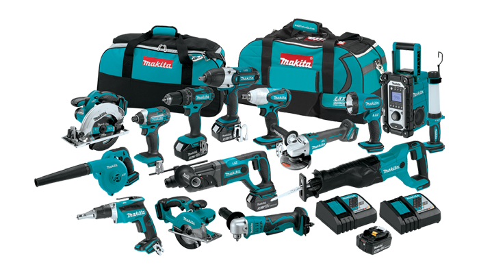 Image of a variety of Makita power tools, cordless tools, and kits
